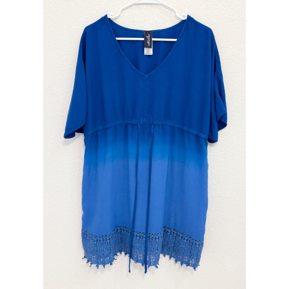 Swimsuits For All Blue Ombre Crochet Lace Trim Swim Cover Up Plus Size 18/20